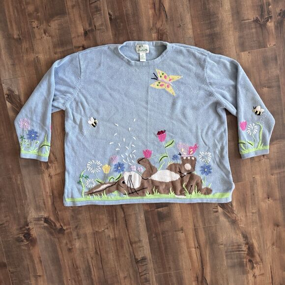 Vintage Quacker Factory Sweater 3XL Blue Easter Bunny Rabbit Cottagecore Grandma - Picture 1 of 7